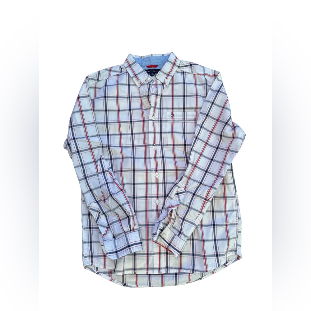 Tommy Hilfiger Boys Blue and Red Plaid Button Down Shirt 12 14